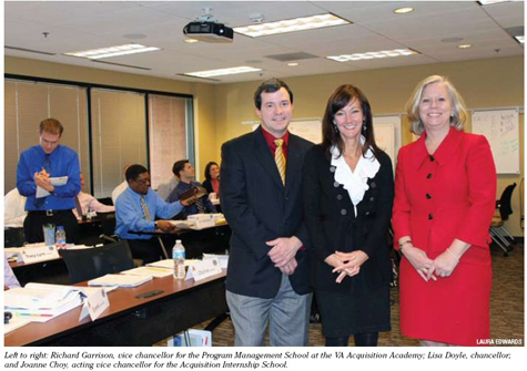 Left to right: Richard Garrison, vice chancellor for the Program Management School at the VA Acquisition Academy; Lisa Doyle, chancellor; and Joanne Choy, acting vice chancellor for the Acquisition Internship School. Picture by Laura Edwards.